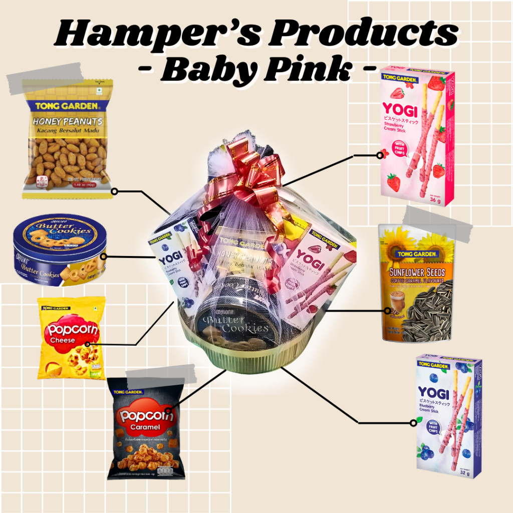 Hari Raya Hamper (Baby Pink) contain Snacks, Popcorn, TG YOGI, Sunflower Seeds, Honey Peanut, Amore Butter Cookies - Image 2