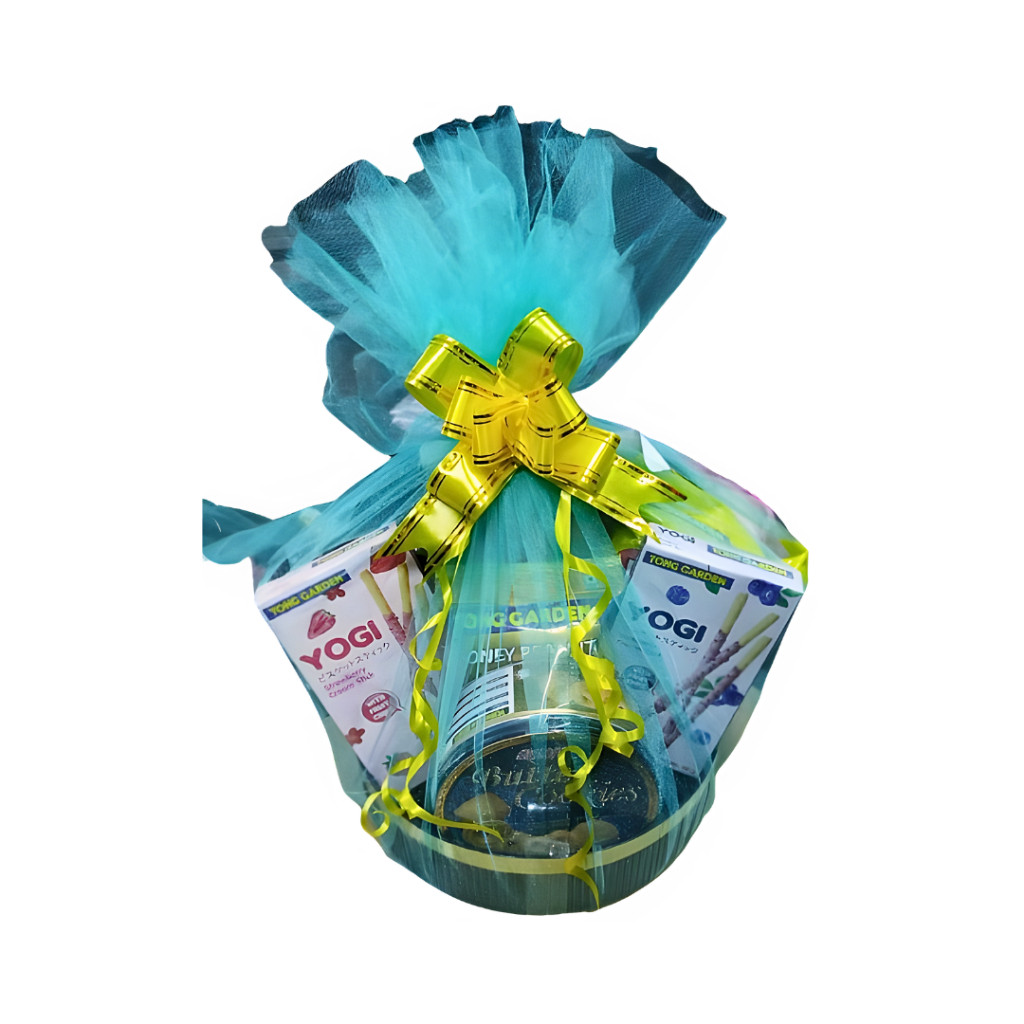Hari Raya Hamper (Baby Blue) contain Snacks, Popcorn, TG YOGI, Sunflower Seeds, Honey Peanut, Amore Butter Cookies - Image 3