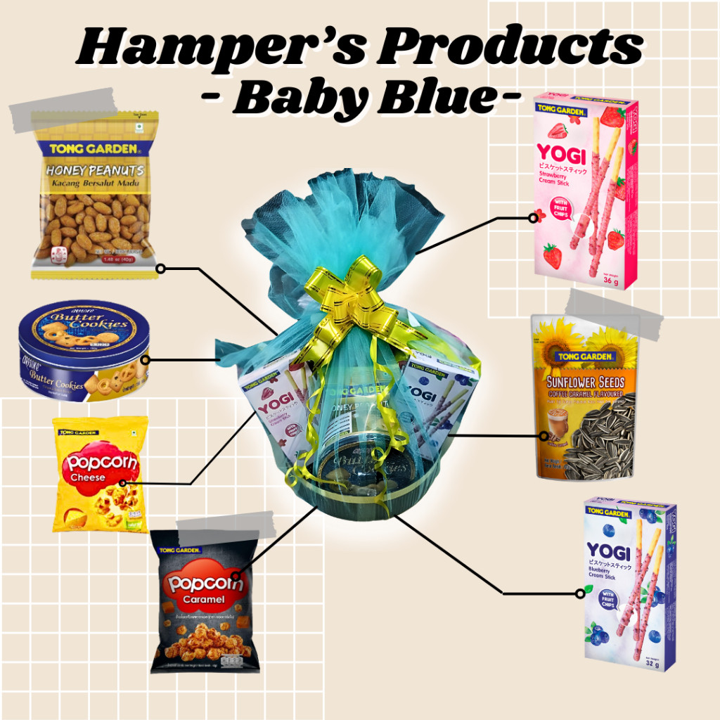 Hari Raya Hamper (Baby Blue) contain Snacks, Popcorn, TG YOGI, Sunflower Seeds, Honey Peanut, Amore Butter Cookies - Image 2